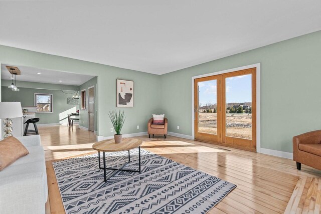 living room with hardwood / wood-style flooring, french doors, and baseboards