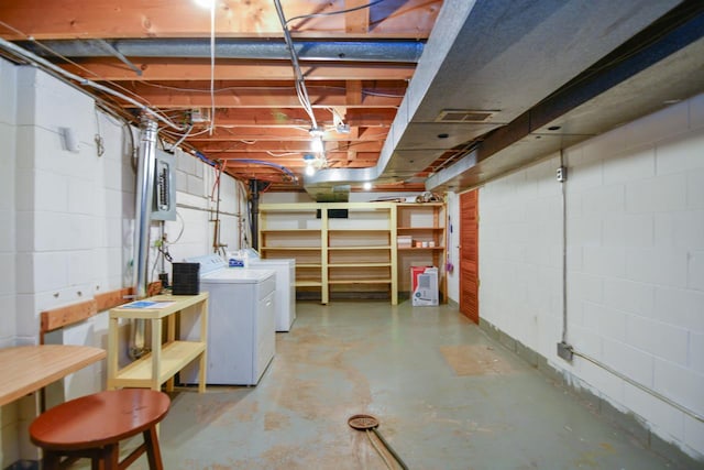 unfinished basement featuring washing machine and clothes dryer, visible vents, concrete block wall, and electric panel