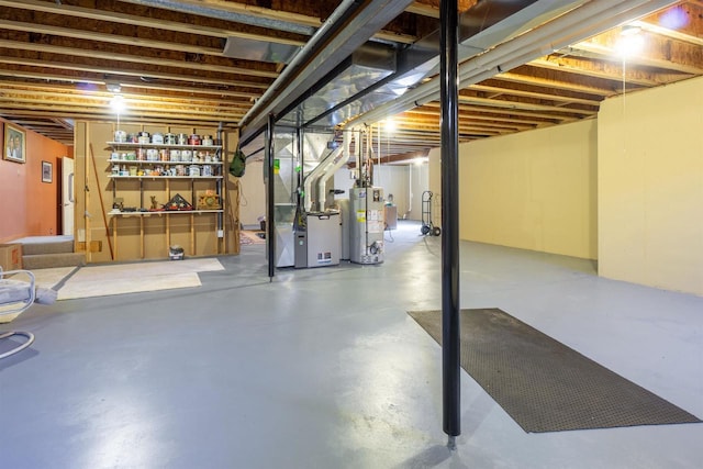 unfinished basement with heating unit and water heater