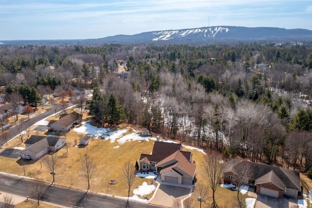 aerial view with a mountain view and a wooded view