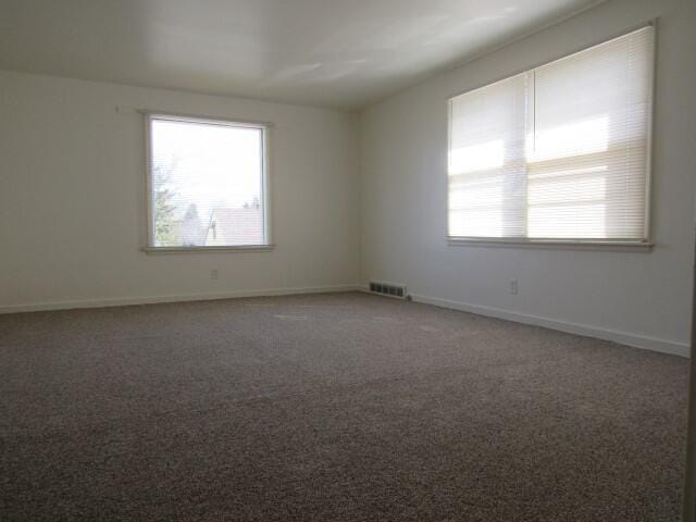 unfurnished room with a wealth of natural light, visible vents, baseboards, and carpet