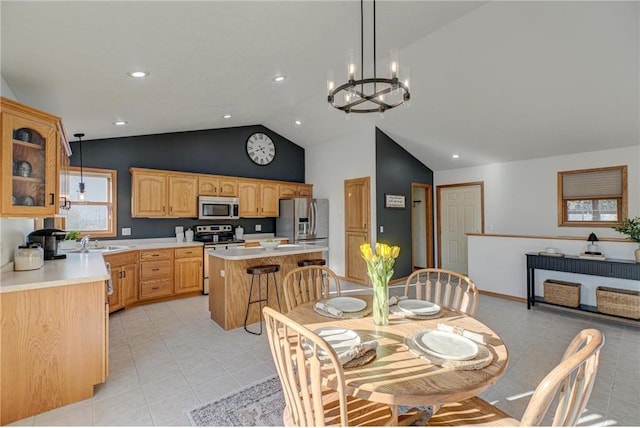 dining room featuring light tile patterned flooring, recessed lighting, and high vaulted ceiling