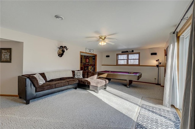 living area featuring visible vents, light colored carpet, billiards, and baseboards