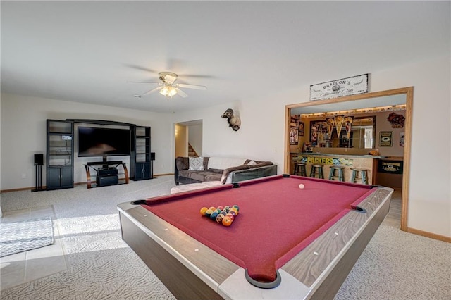 playroom featuring baseboards, pool table, a ceiling fan, and carpet