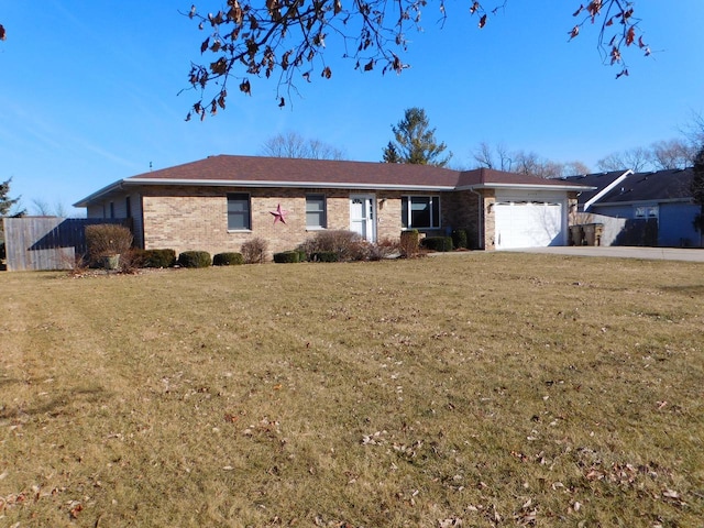 ranch-style house featuring a garage, brick siding, a front yard, and fence