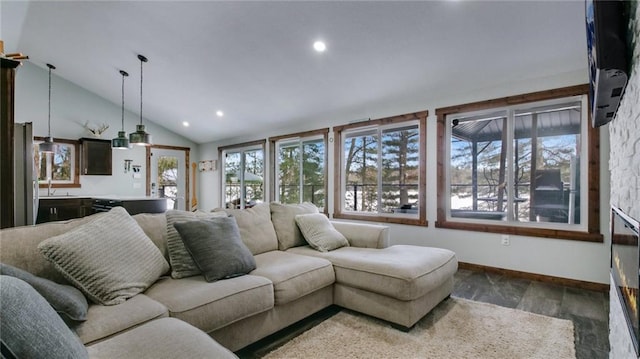 living room with recessed lighting, baseboards, and high vaulted ceiling