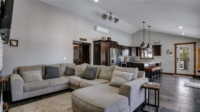 living room with a wall mounted air conditioner, high vaulted ceiling, recessed lighting, baseboards, and dark wood-style flooring