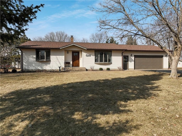 ranch-style home with a front lawn, an attached garage, roof with shingles, and a chimney