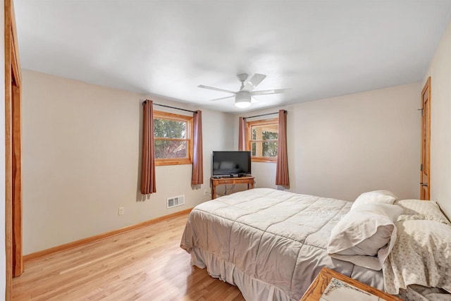 bedroom featuring light wood finished floors, visible vents, ceiling fan, and baseboards