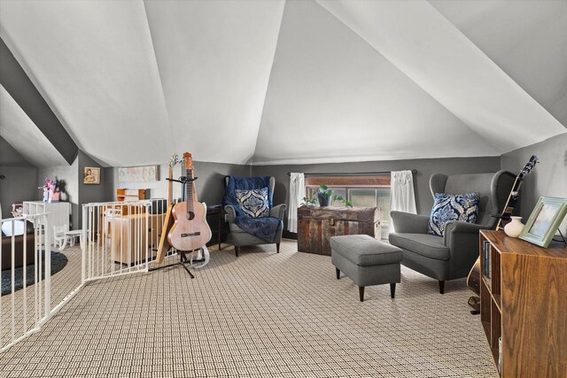 interior space with carpet flooring and lofted ceiling