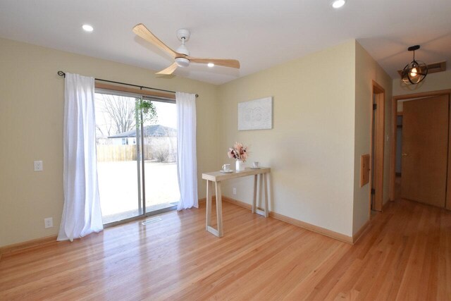 empty room with recessed lighting, baseboards, light wood-style floors, and a ceiling fan