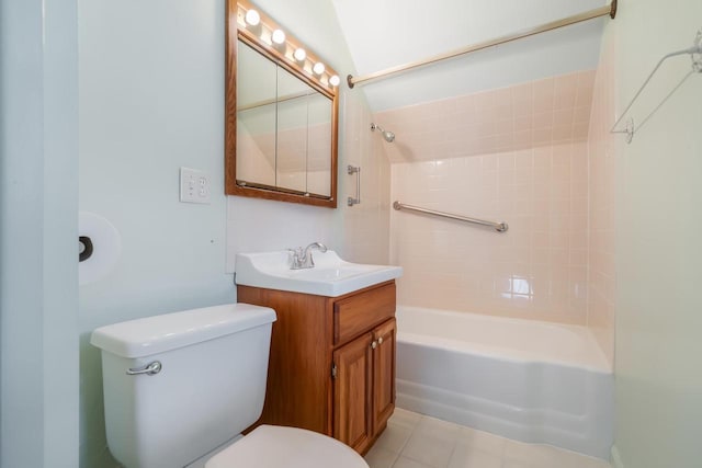 bathroom with vanity,  shower combination, toilet, and tile patterned flooring