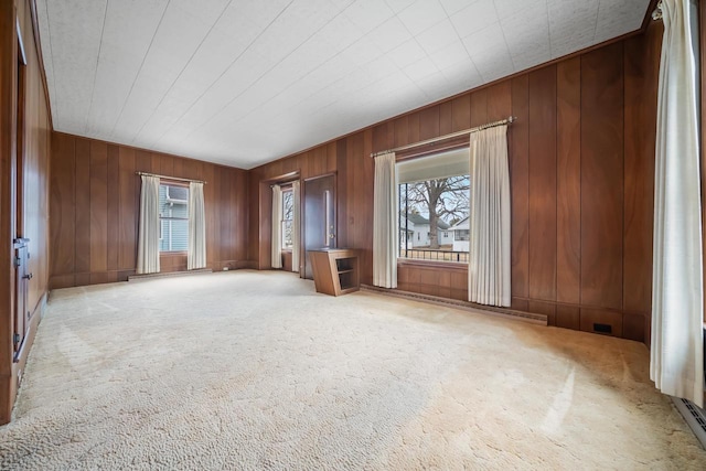 carpeted spare room featuring wooden walls