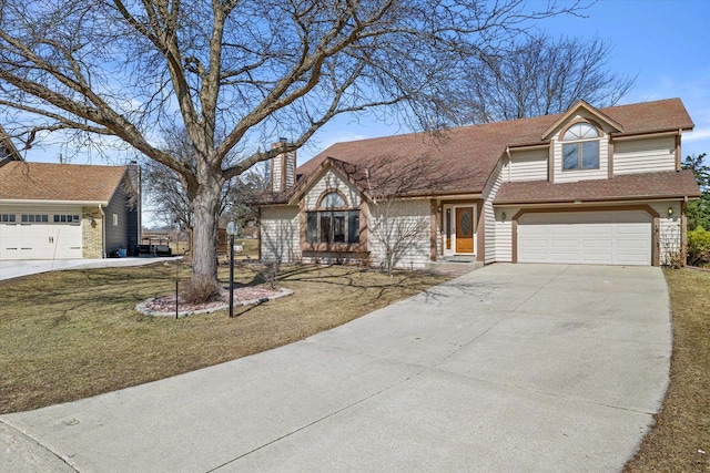 view of front of home featuring a shingled roof, a chimney, concrete driveway, a front lawn, and a garage