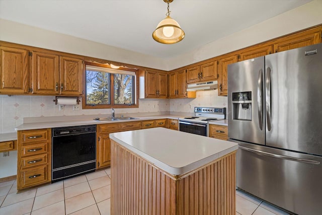 kitchen with electric range, stainless steel fridge with ice dispenser, a sink, under cabinet range hood, and dishwasher