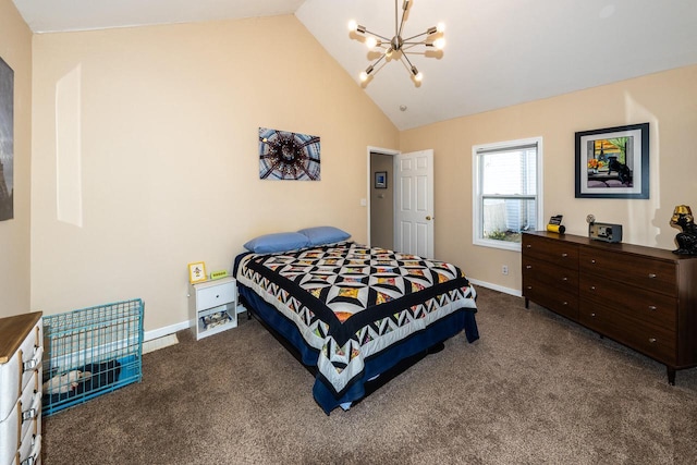 carpeted bedroom featuring baseboards, a notable chandelier, and vaulted ceiling