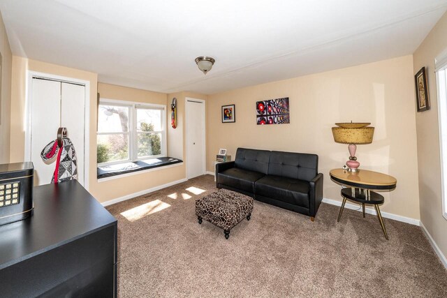 carpeted living room featuring baseboards