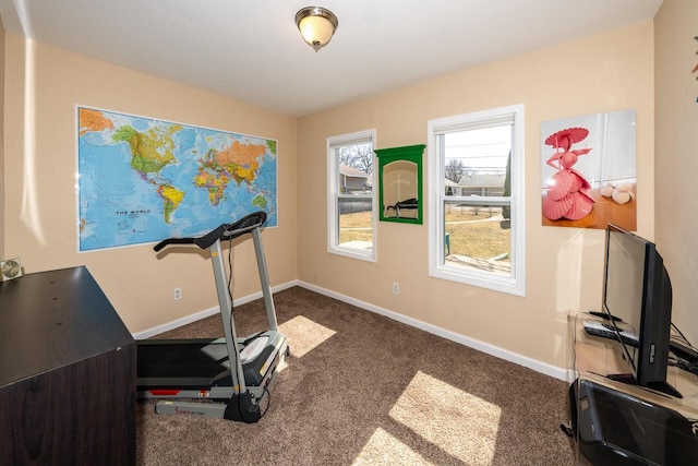 workout area featuring baseboards and carpet floors