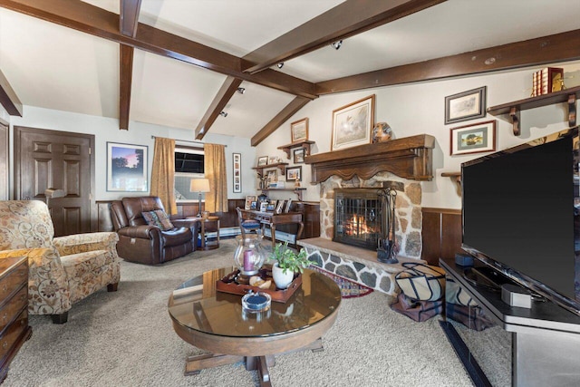 carpeted living area featuring a fireplace and vaulted ceiling with beams