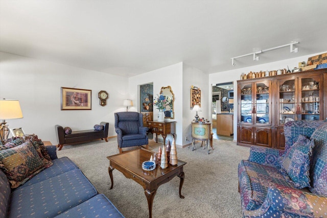 living room featuring carpet floors and track lighting