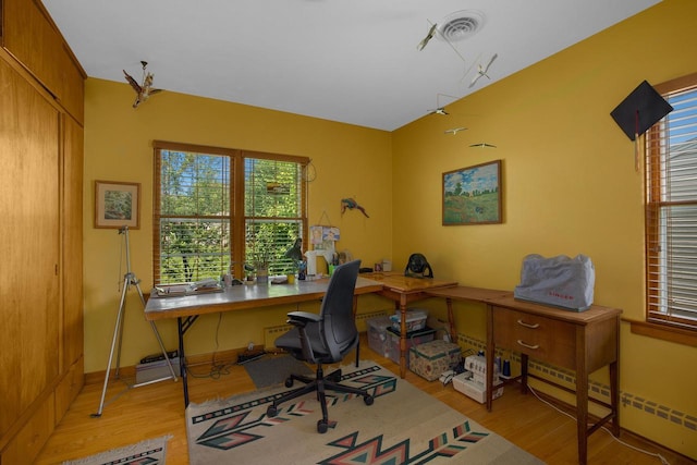 office area featuring visible vents, baseboards, and wood finished floors