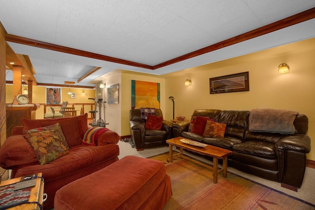 living area featuring carpet floors and a textured ceiling