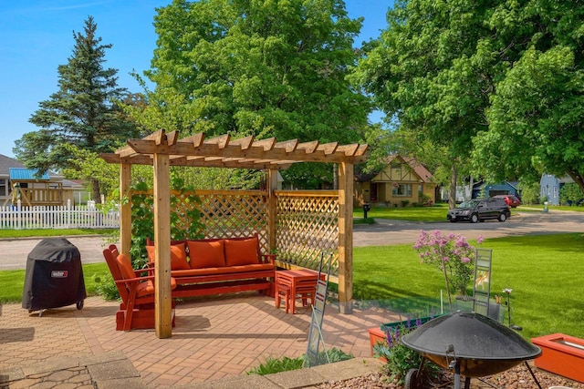 view of patio featuring an outdoor living space, area for grilling, a pergola, and fence