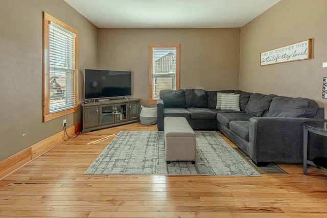 living area featuring baseboards and wood-type flooring