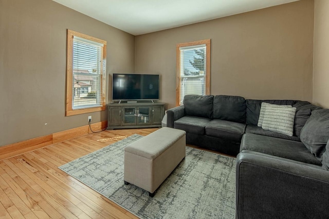 living room featuring baseboards, plenty of natural light, and wood-type flooring