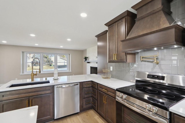 kitchen with light wood finished floors, premium range hood, dark brown cabinetry, stainless steel appliances, and a sink