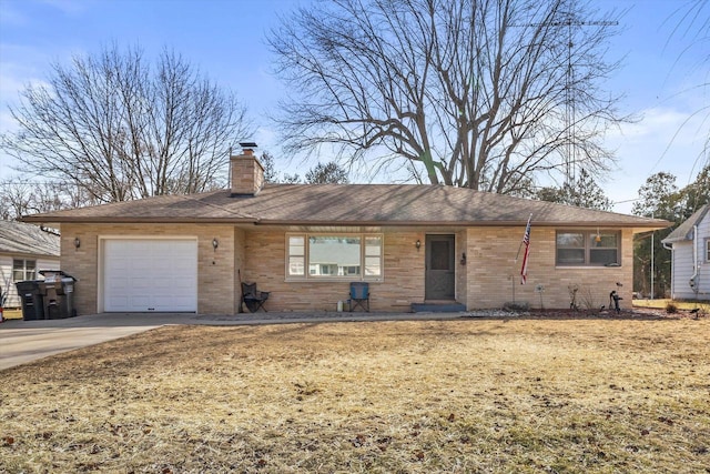 ranch-style house featuring brick siding, concrete driveway, a chimney, and a garage