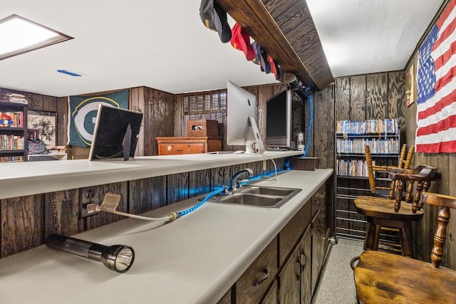 interior space featuring wood walls and a sink