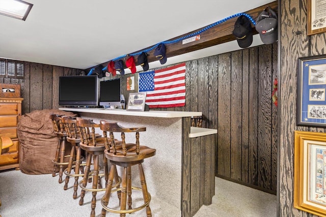 bar featuring wood walls, a bar, and carpet floors