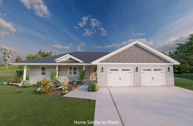 ranch-style house featuring a front lawn, a garage, and driveway