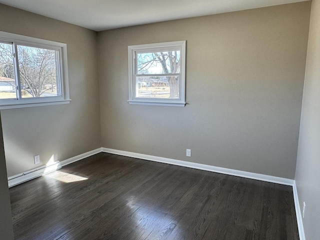 empty room with dark wood-type flooring, baseboards, and a baseboard radiator