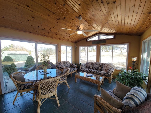 sunroom with wood ceiling and vaulted ceiling