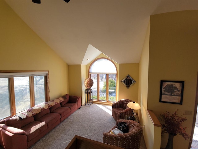 carpeted living room featuring high vaulted ceiling