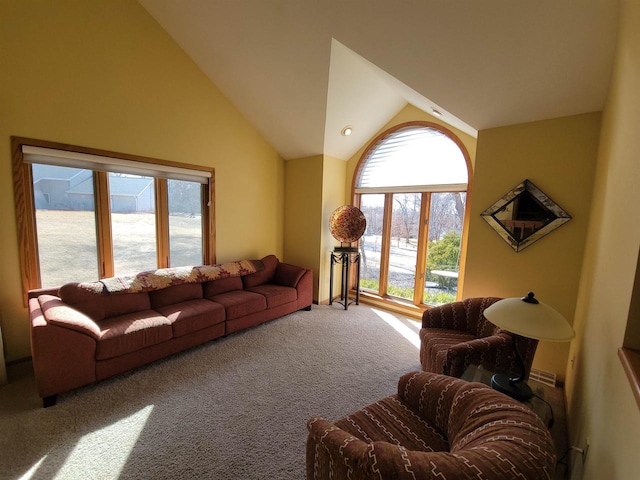 living area with carpet and high vaulted ceiling