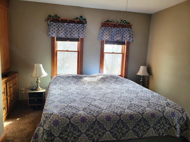 bedroom featuring dark colored carpet