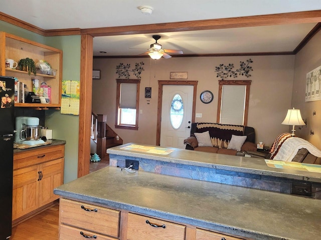 kitchen featuring ceiling fan, wood finished floors, crown molding, and freestanding refrigerator