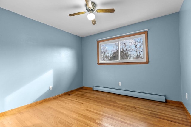 unfurnished room featuring baseboards, wood finished floors, a ceiling fan, and a baseboard radiator