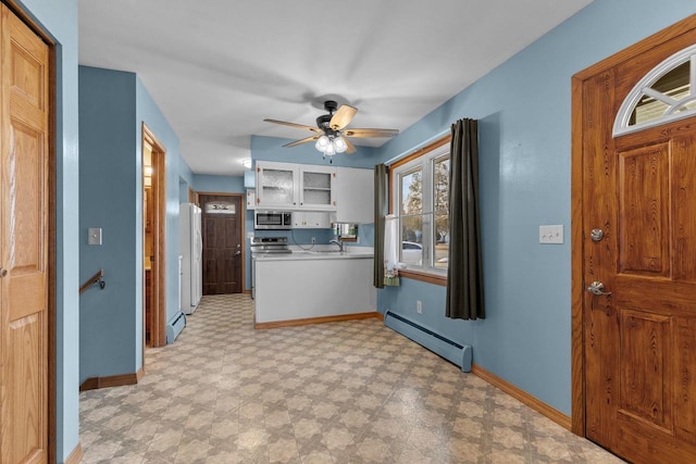 entryway featuring baseboards, baseboard heating, light floors, and ceiling fan