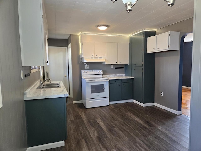 kitchen with dark wood finished floors, arched walkways, a sink, under cabinet range hood, and white electric range