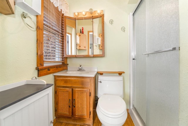 full bathroom featuring a stall shower, toilet, and vanity