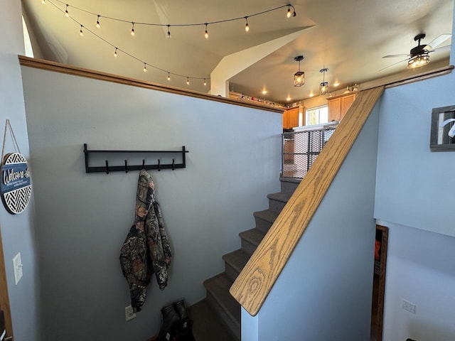 staircase featuring ceiling fan