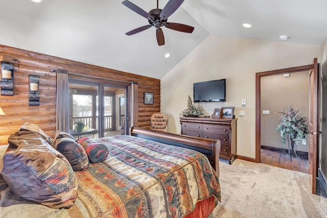 bedroom with light carpet, a ceiling fan, recessed lighting, log walls, and access to exterior