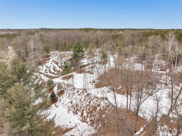 snowy aerial view with a forest view