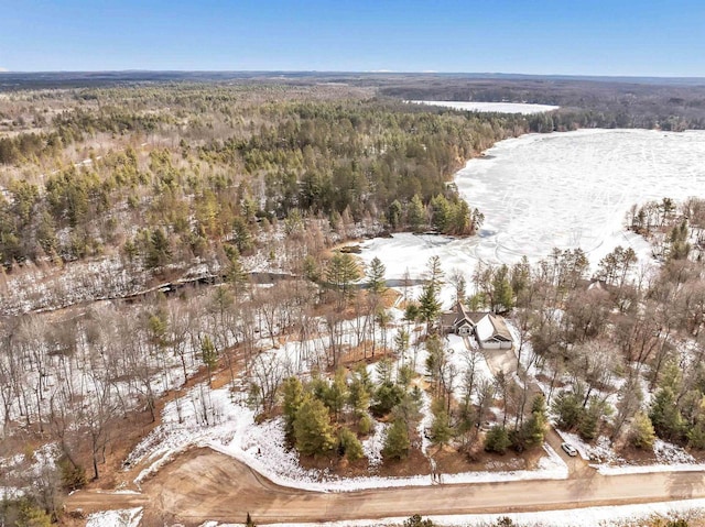 snowy aerial view with a view of trees