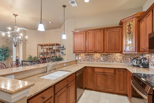 kitchen with brown cabinetry, visible vents, appliances with stainless steel finishes, and a sink