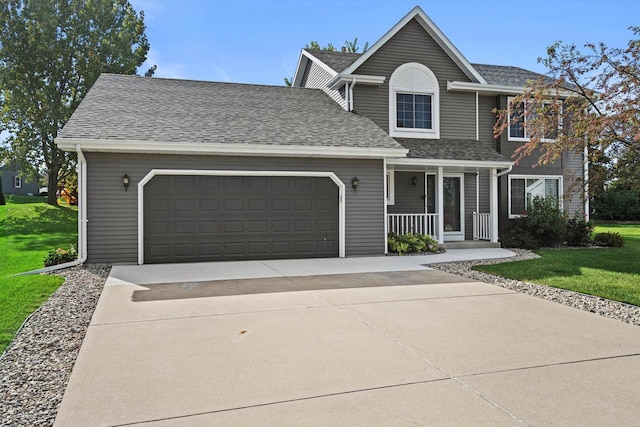 traditional home featuring driveway, a shingled roof, covered porch, an attached garage, and a front yard